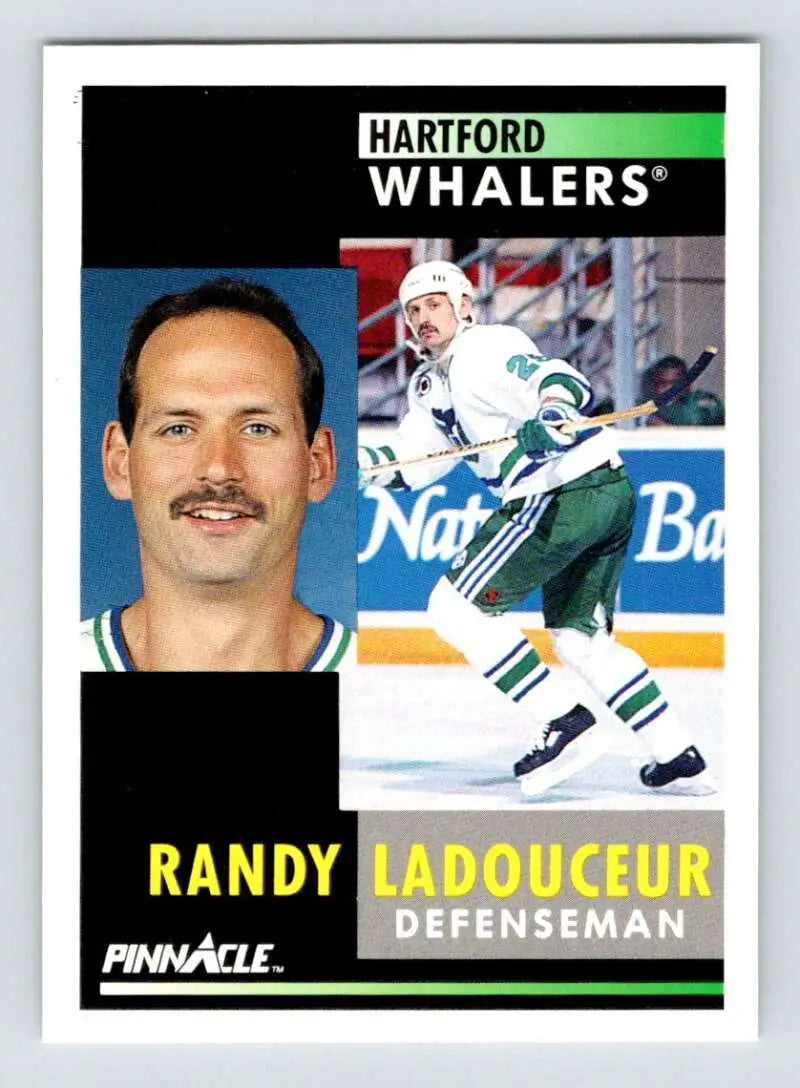 Hockey card of Randy Ladouceur, Hartford Whalers defenseman with action and portrait shots