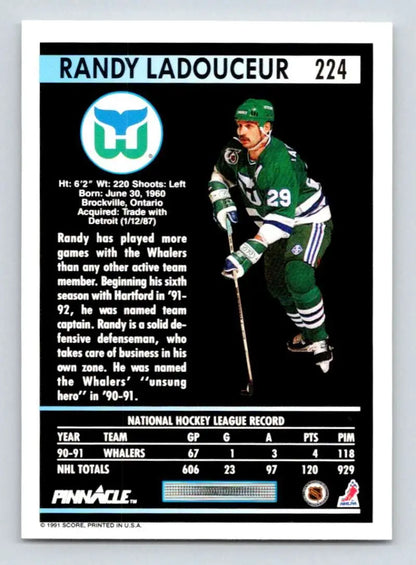 Hockey card of Randy Ladouceur from Hartford Whalers in Pinnacle brand design