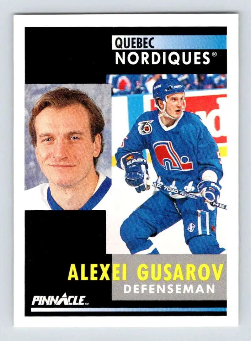 Hockey card of Alexei Gusarov in Quebec Nordiques blue uniform, 1991-92 Pinnacle