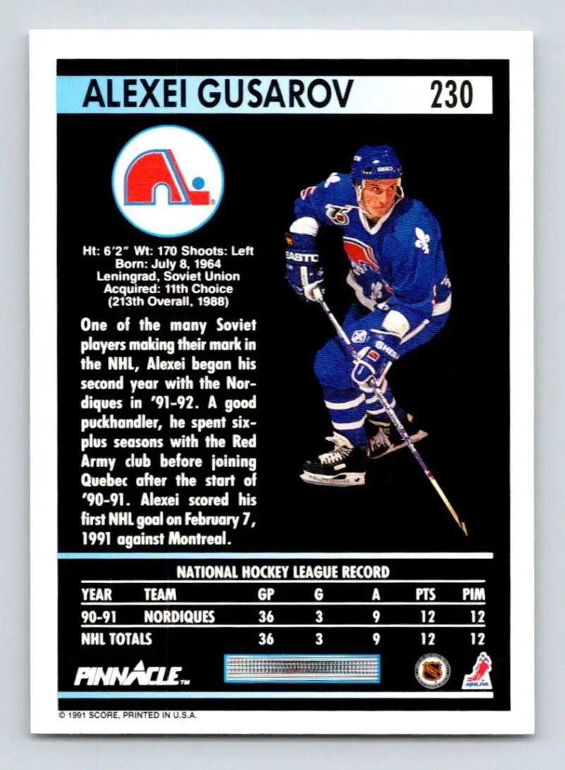 Hockey card of Alexei Gusarov from the Quebec Nordiques by Pinnacle, Rookie Edition