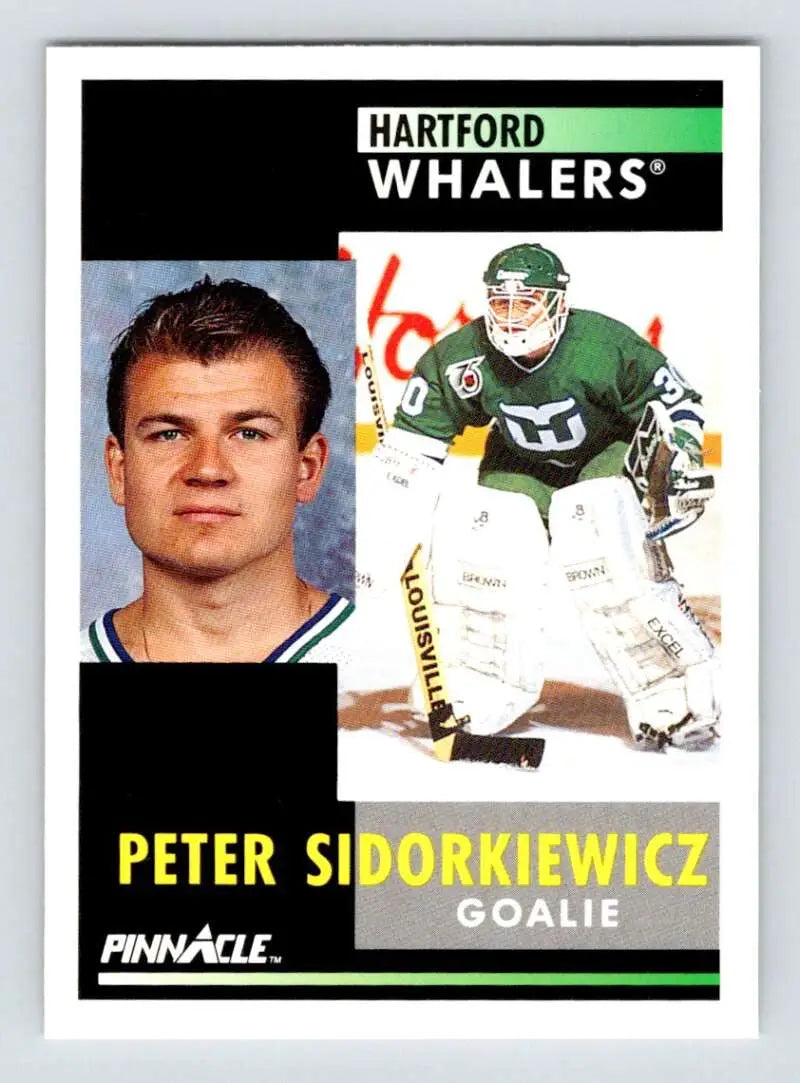 Hockey card of Peter Sidorkiewicz in green and white Hartford Whalers uniform