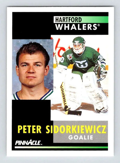 Hockey card of Peter Sidorkiewicz in green and white Hartford Whalers uniform