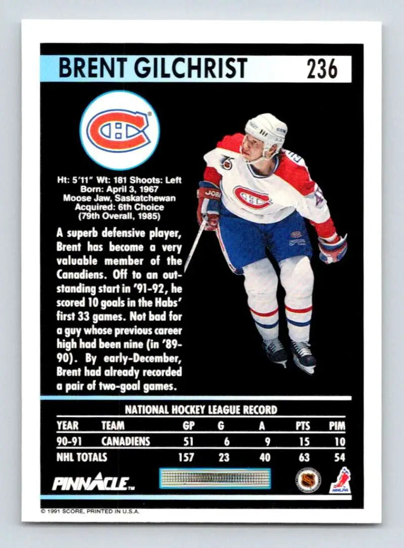 Brent Gilchrist Montreal Canadiens hockey card 1991-92 Pinnacle #236 in NM-MT condition