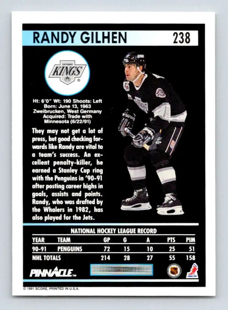 Hockey trading card of Randy Gilhen, Los Angeles Kings player in black and silver uniform