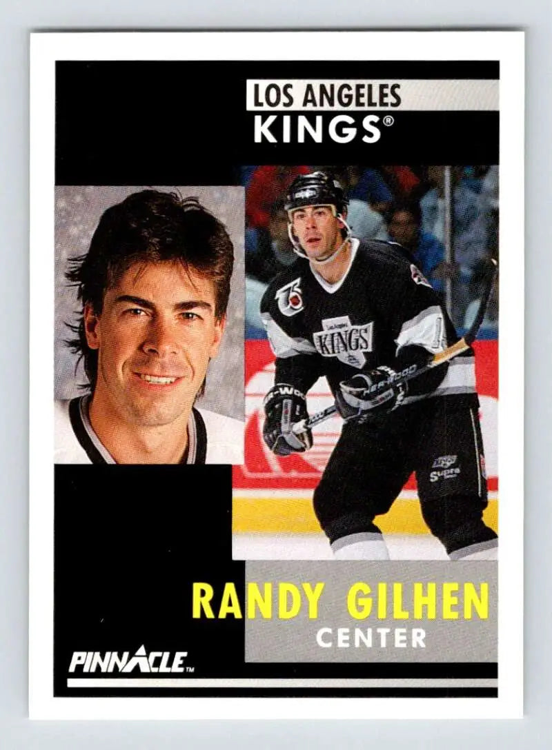 Hockey trading card of Randy Gilhen featuring Los Angeles Kings portrait and action poses