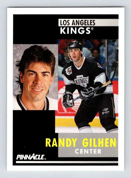 Hockey trading card of Randy Gilhen featuring Los Angeles Kings portrait and action poses