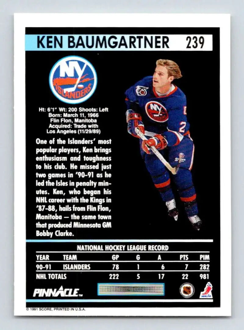 Hockey card of Ken Baumgartner in New York Islanders blue and orange uniform