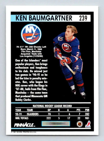 Hockey card of Ken Baumgartner in New York Islanders blue and orange uniform