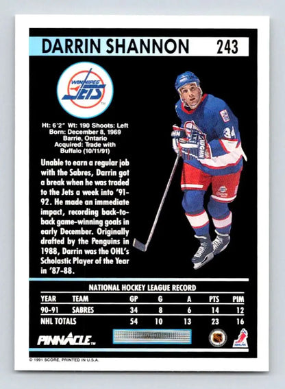 Hockey card of Darrin Shannon in action for the Winnipeg Jets, 1991-92 Pinnacle