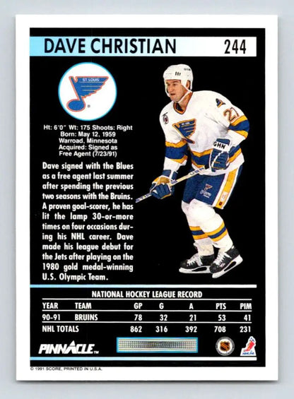 Hockey card of Dave Christian in St. Louis Blues jersey number 44, Pinnacle 1991-92