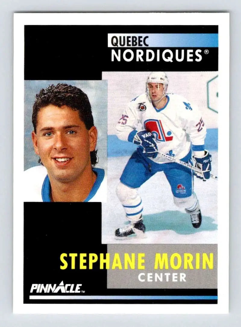 Hockey card of Stephane Morin showcasing Quebec Nordiques in portrait and action poses