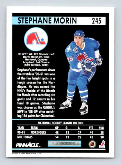 Quebec Nordiques hockey card featuring Stephane Morin in blue uniform with team logo