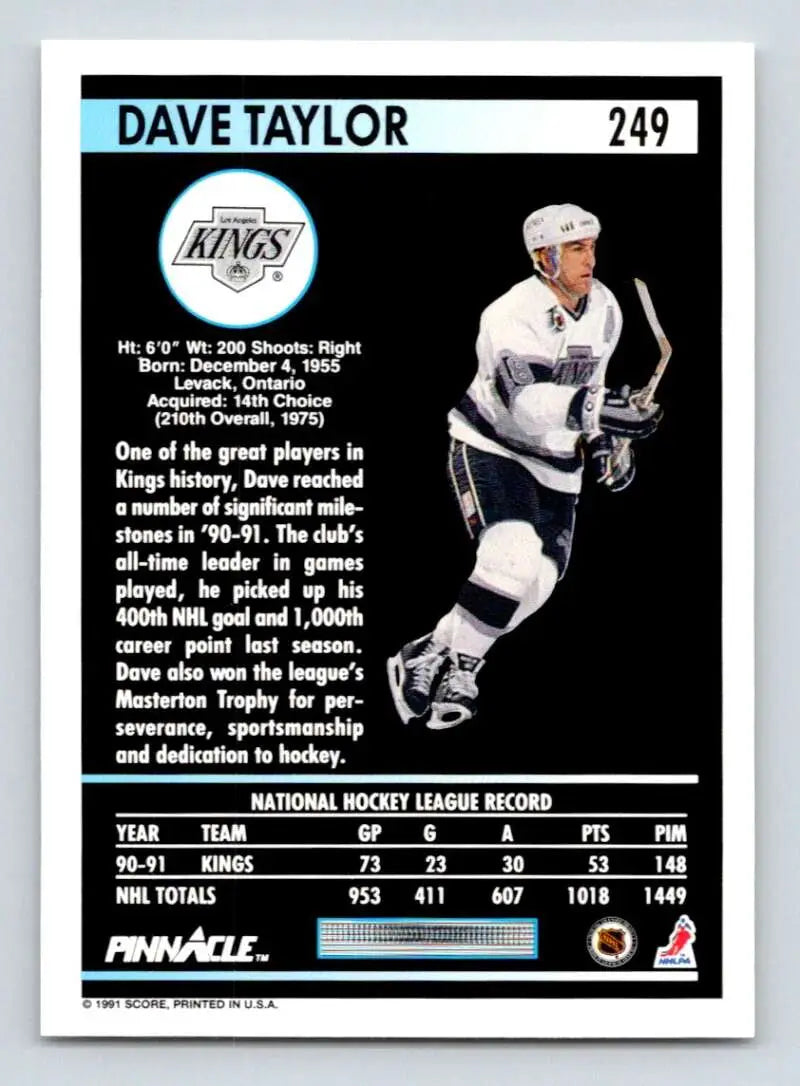 Hockey card of Dave Taylor, #249, Los Angeles Kings with stats and bio on back