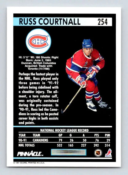 Hockey card of Russ Courtnall in Montreal Canadiens classic uniform from 1991-92 Pinnacle
