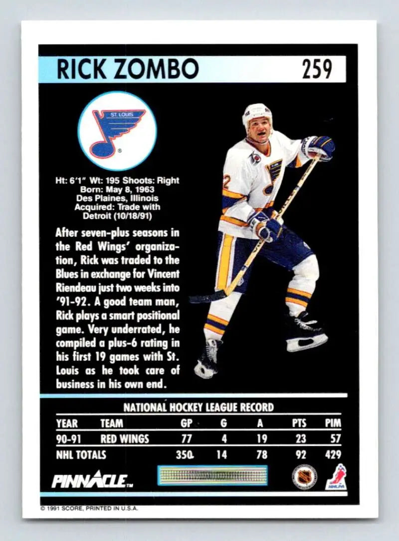 Hockey card of Rick Zombo in St. Louis Blues uniform, 1991-92 Pinnacle #259