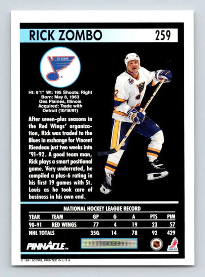 Hockey card of Rick Zombo in St. Louis Blues uniform, 1991-92 Pinnacle #259