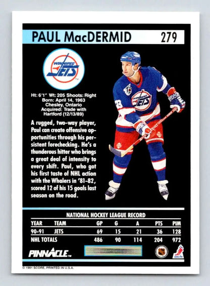 Hockey card of Paul MacDermid in Winnipeg Jets blue and red uniform from 1991-92 Pinnacle