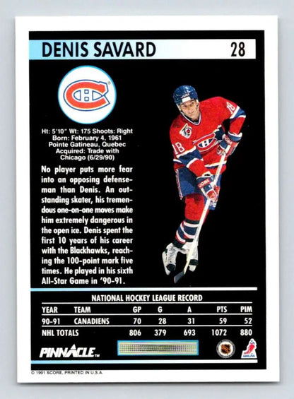 Hockey card of Denis Savard in classic Montreal Canadiens red jersey #28