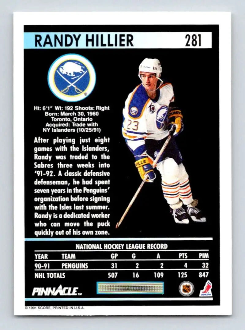 1991-92 Pinnacle #281 Randy Hillier Hockey Card of Buffalo Sabres Player in Uniform