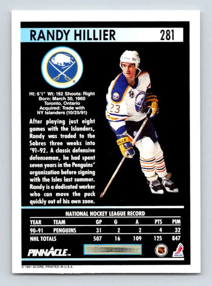 1991-92 Pinnacle #281 Randy Hillier Hockey Card of Buffalo Sabres Player in Uniform