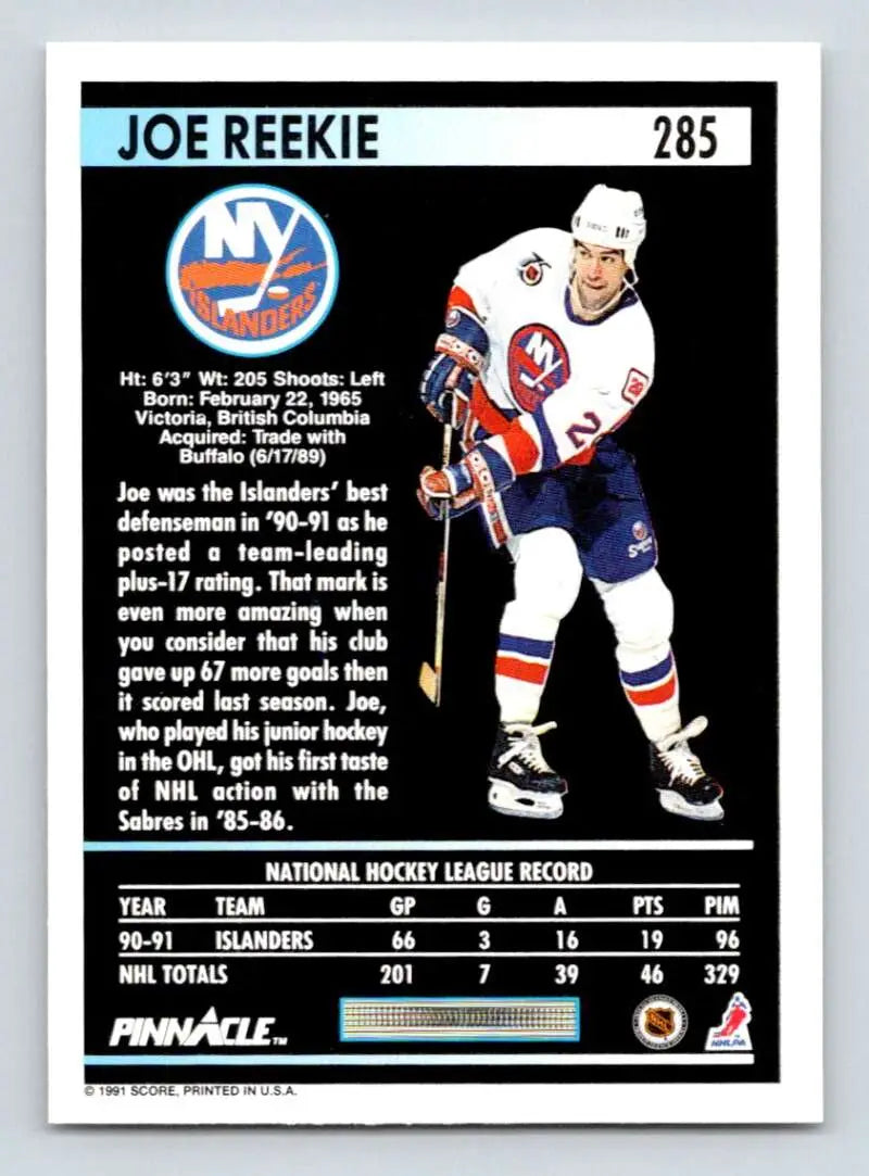 Hockey trading card of Joe Reekie from the New York Islanders hockey team in blue and white