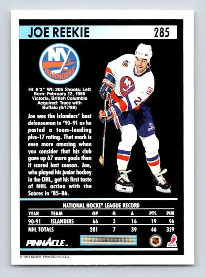 Hockey trading card of Joe Reekie from the New York Islanders hockey team in blue and white