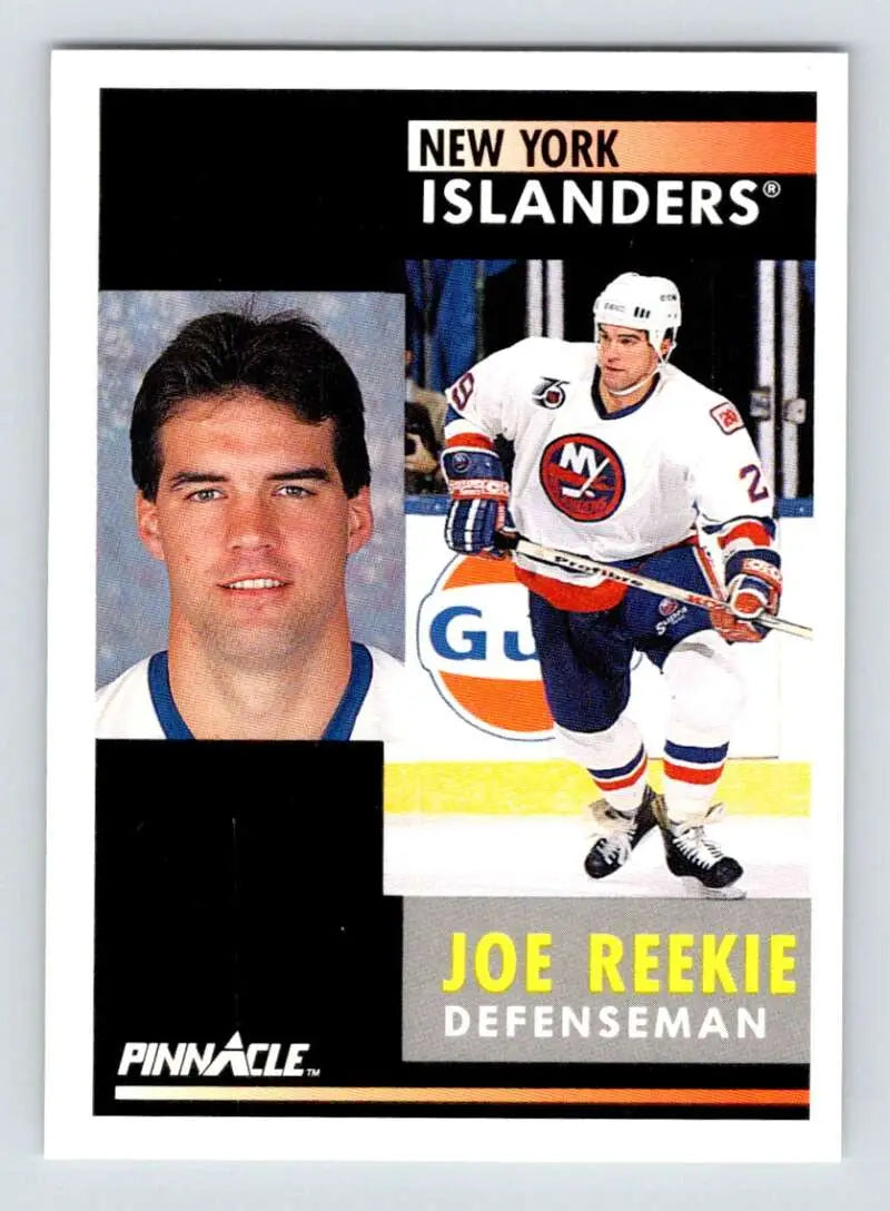 Hockey trading card of Joe Reekie, New York Islanders defenseman in white jersey
