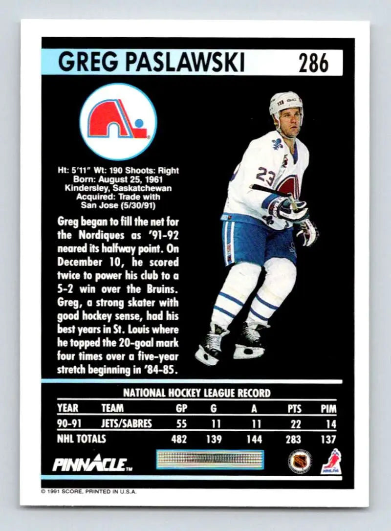 Hockey card of Greg Paslawski in Quebec Nordiques uniform, 1991-92 Pinnacle #286