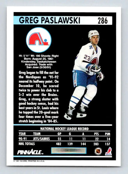 Hockey card of Greg Paslawski in Quebec Nordiques uniform, 1991-92 Pinnacle #286