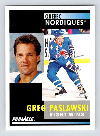 Hockey card of Greg Paslawski in Quebec Nordiques uniform with action and headshot images