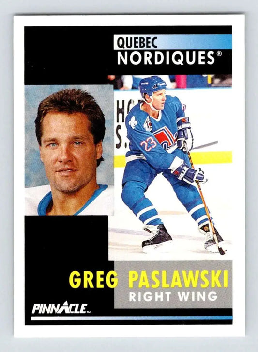 Hockey card of Greg Paslawski in Quebec Nordiques uniform with action and headshot images