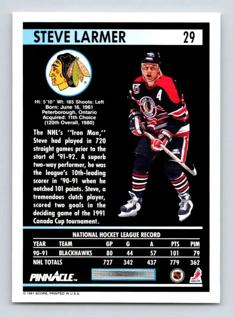 Hockey card of Steve Larmer in Chicago Blackhawks red, black, and white uniform
