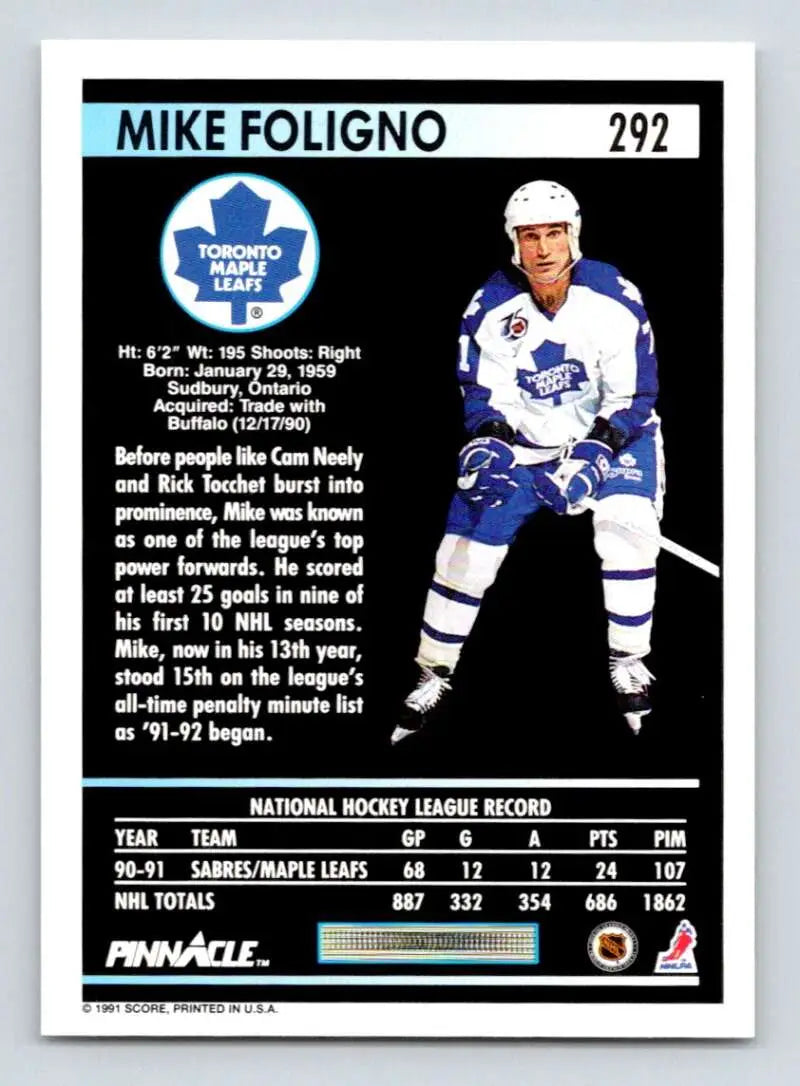 Hockey trading card of Mike Foligno in Toronto Maple Leafs uniform, 1991-92 Pinnacle