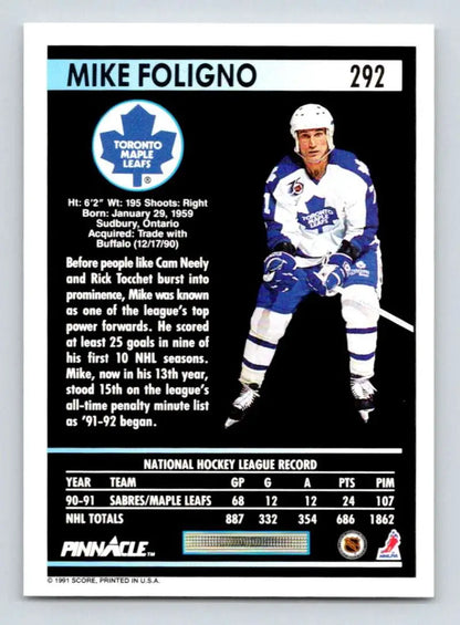 Hockey trading card of Mike Foligno in Toronto Maple Leafs uniform, 1991-92 Pinnacle
