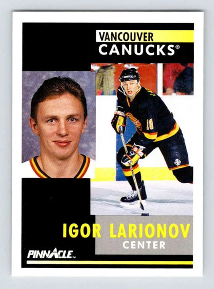 Hockey card of Igor Larionov in black and yellow Vancouver Canucks uniform