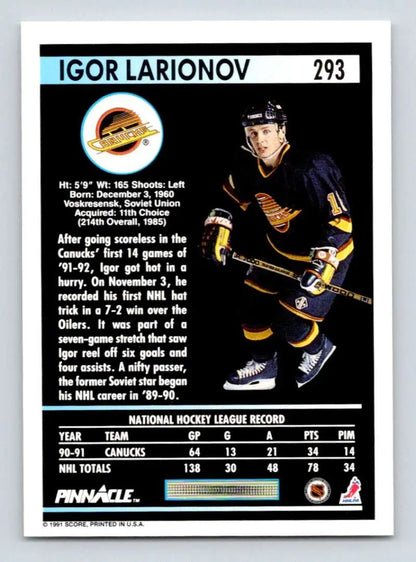 Hockey card of Igor Larionov in black and yellow Vancouver Canucks uniform