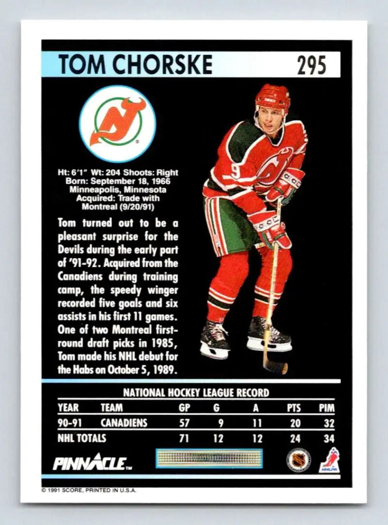 Hockey card of Tom Chorske in New Jersey Devils uniform from 1991-92 Pinnacle series