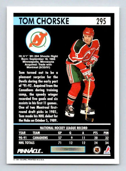 Hockey card of Tom Chorske in New Jersey Devils uniform from 1991-92 Pinnacle series