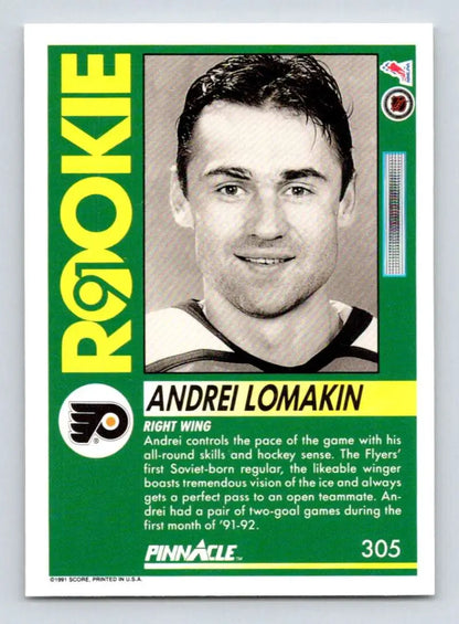 Vintage 1991-92 Pinnacle Hockey Card of Andrei Lomakin from the Philadelphia Flyers