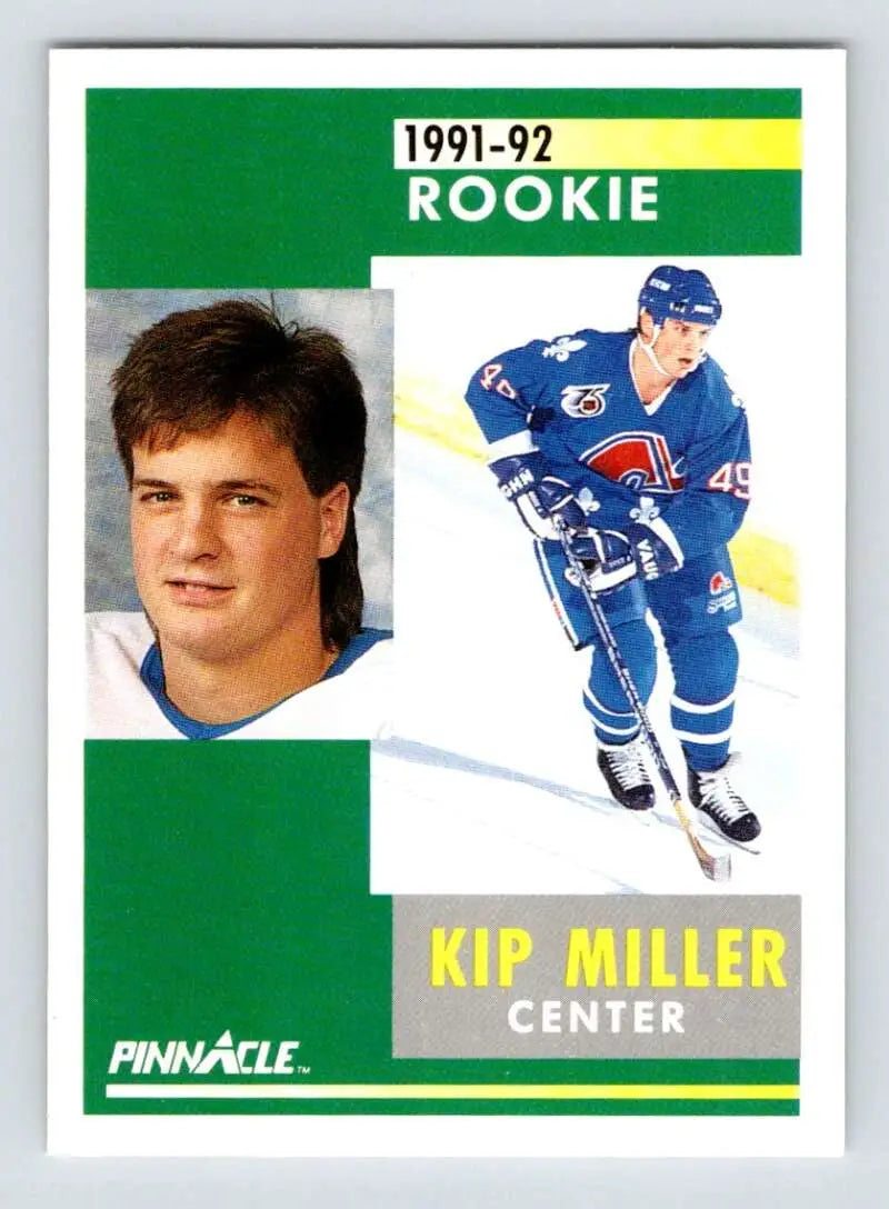 1991-92 Pinnacle hockey card featuring Kip Miller of the Quebec Nordiques in action poses