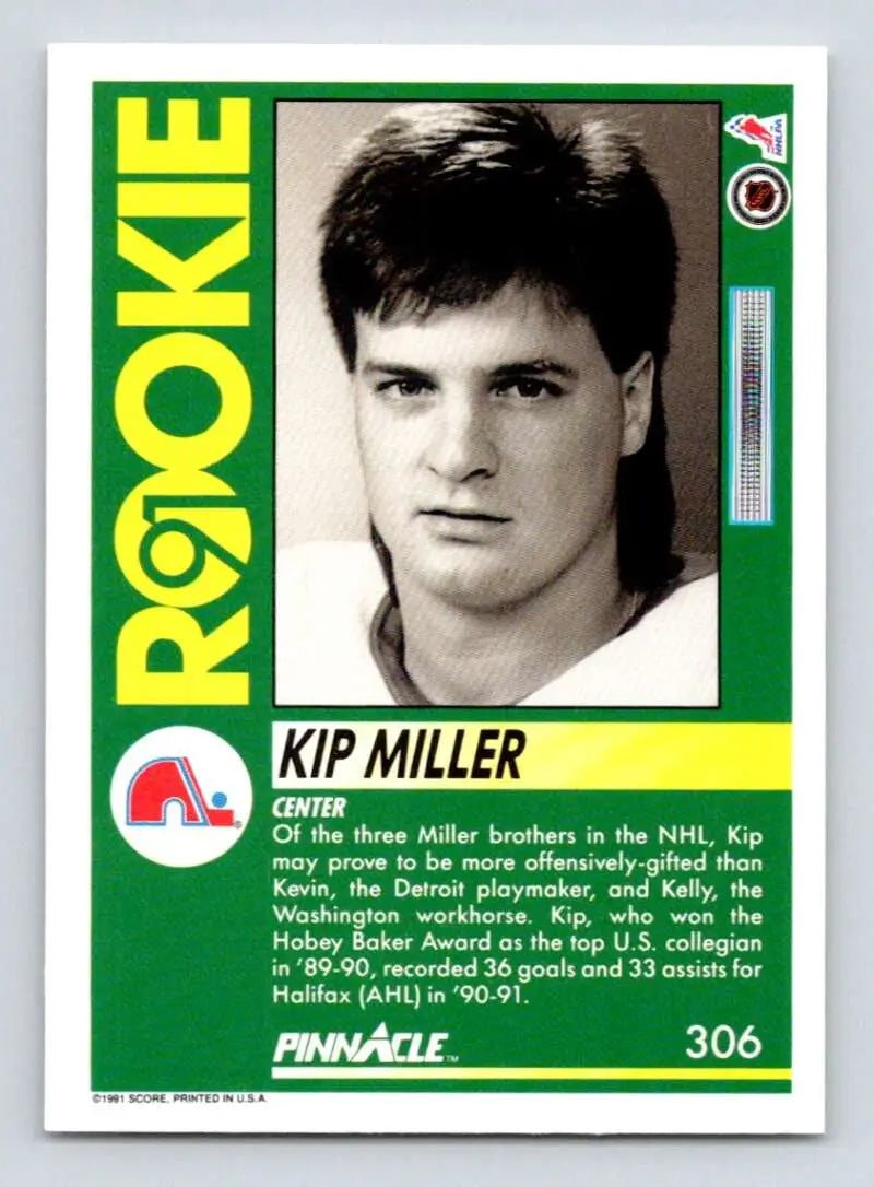 Kip Miller Quebec Nordiques hockey card with green border and black and white portrait
