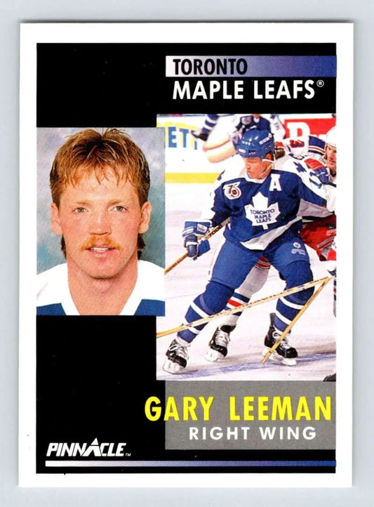 Hockey trading card of Gary Leeman showcasing Toronto Maple Leafs headshot and action poses