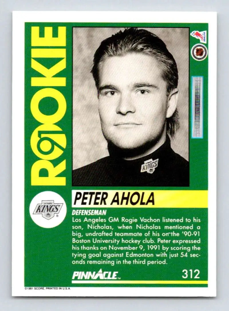 Vintage 1991-92 Pinnacle Peter Ahola Los Angeles Kings Hockey Card with green borders