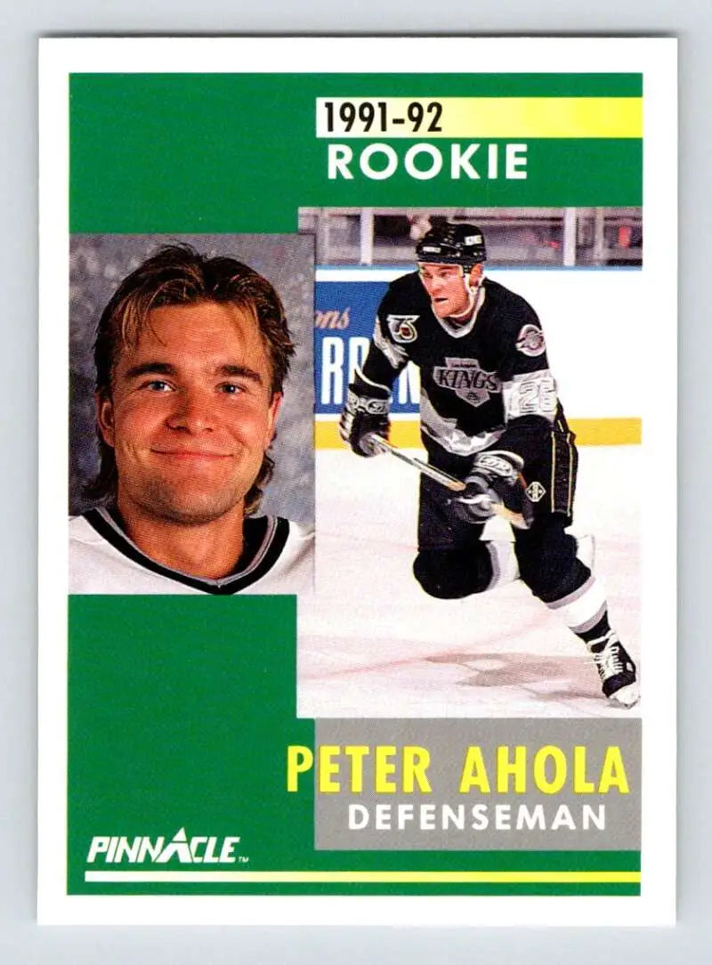 1991-92 Pinnacle Peter Ahola rookie card in Los Angeles Kings uniform displayed