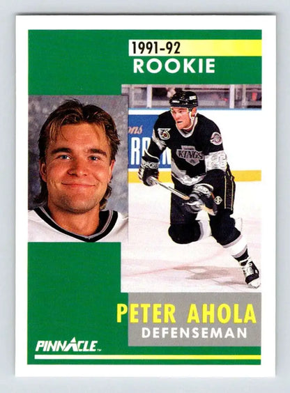 1991-92 Pinnacle Peter Ahola rookie card in Los Angeles Kings uniform displayed