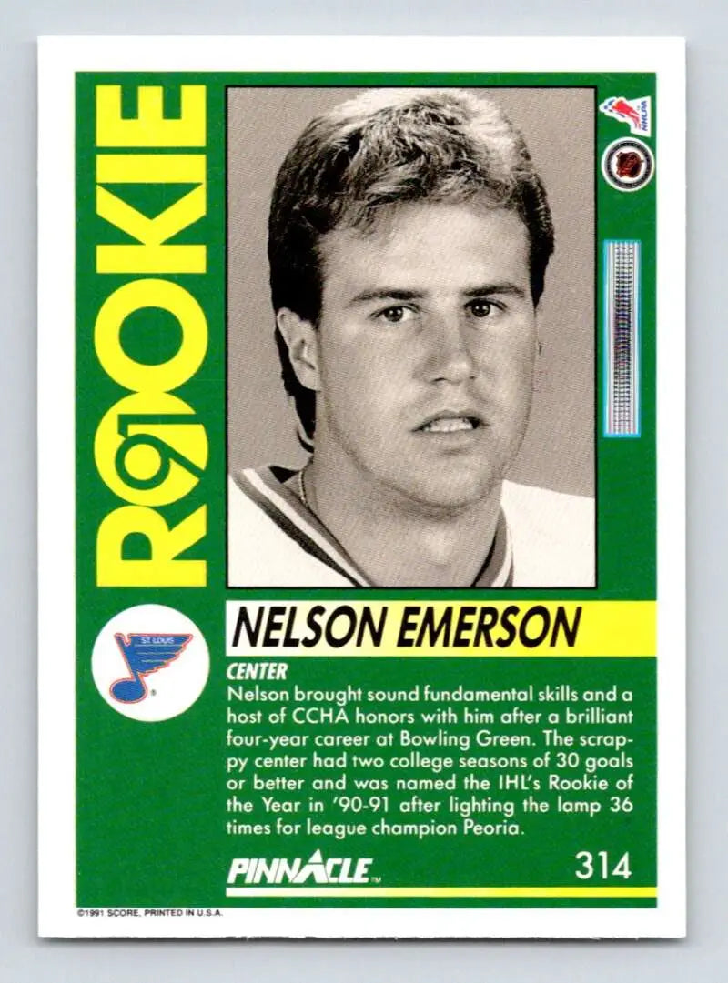 Vintage 1991-92 Pinnacle hockey card featuring Nelson Emerson of the St. Louis Blues