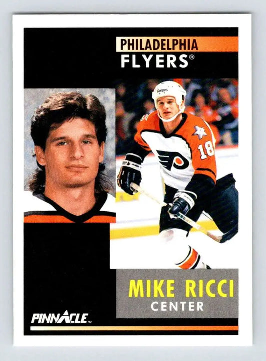 Hockey card of Mike Ricci showcasing Philadelphia Flyers player in action and portrait poses