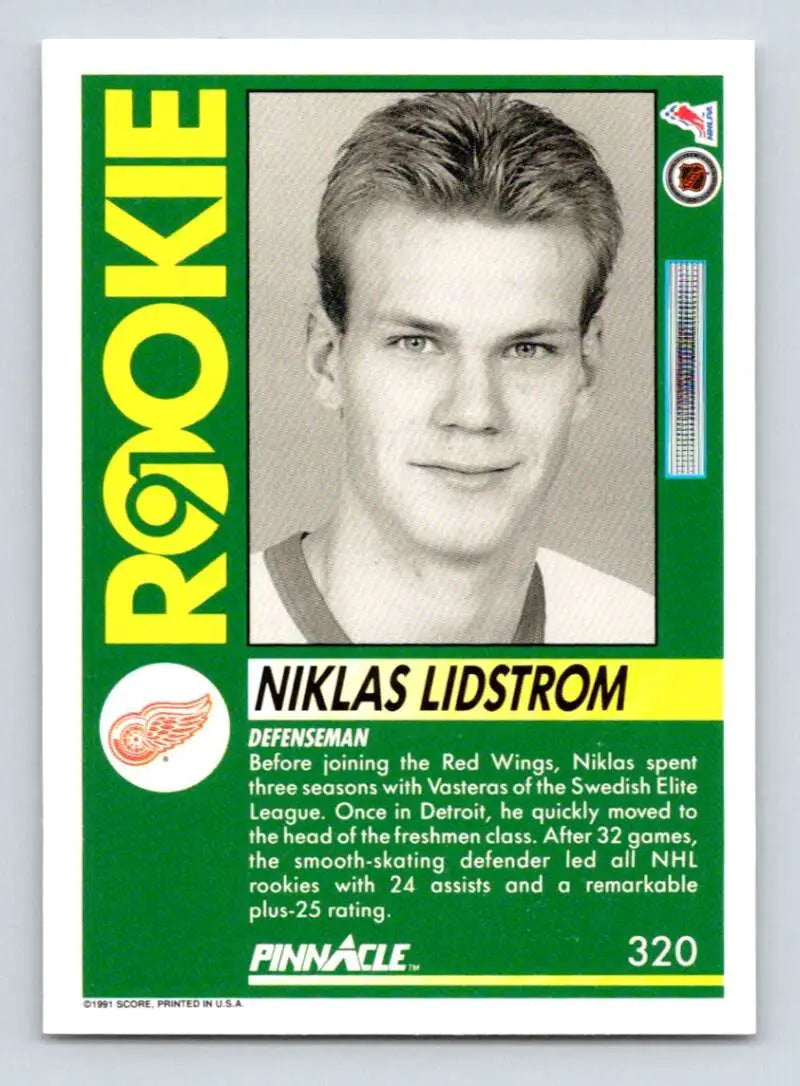 Nicklas Lidstrom rookie hockey card with black and white portrait, green borders, Detroit Red Wings