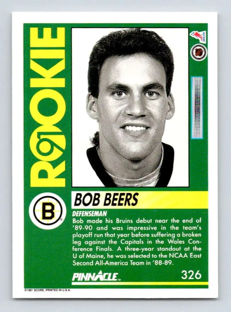 Vintage 1991-92 Pinnacle Bob Beers Boston Bruins hockey trading card with green borders