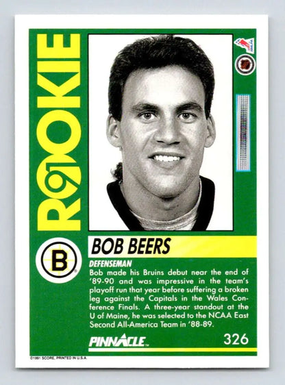 Vintage 1991-92 Pinnacle Bob Beers Boston Bruins hockey trading card with green borders
